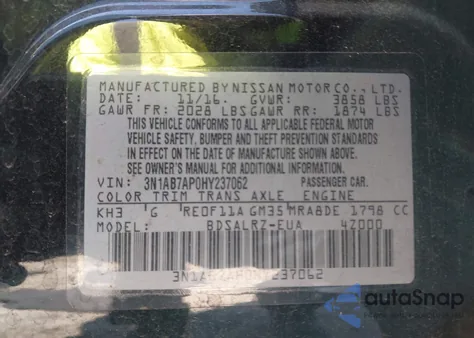 2017 Nissan Sentra Sr z USA, uszkodzony, nr VIN 3N1AB7AP0HY237062